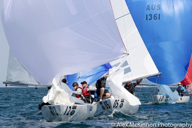 Odyssey (Jill Connell, Ben Morrison-Jack, and Wade Morgan) leading this group downwind - 2017 Brighton Land Rover Etchells Victorian Championship ©  Alex McKinnon Photography http://www.alexmckinnonphotography.com