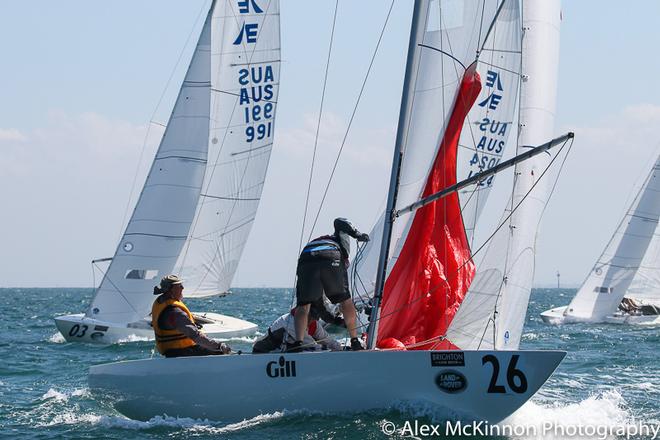 Melbourne Fleet Captain's Shoulda Done Left (Peter Coleman, Glenn Ferguson, Iain Gartle) looking forward to the downwind leg and some waves once around the clearance mark. - Brighton Land Rover 2017 VIC Etchells Championship ©  Alex McKinnon Photography http://www.alexmckinnonphotography.com