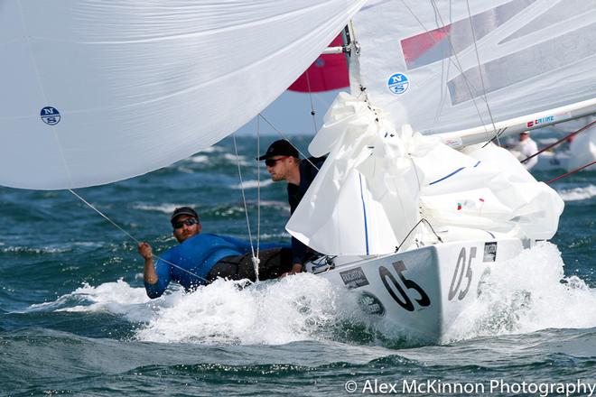 Tango (Chris Hampton, Mark Andrews, Sam Haines) seen here with Sam hiking hard as well as trimming on the way to the gate. A 5th and a 2nd on the day saw them secure fifth place overall. - Brighton Land Rover 2017 VIC Etchells Championship ©  Alex McKinnon Photography http://www.alexmckinnonphotography.com