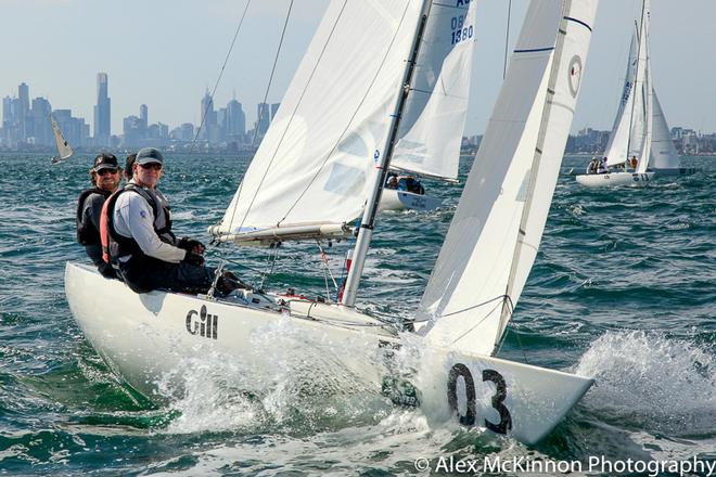 The Boat (Jake Gunther, Jon Holroyd, and Stuart Skeggs) were second in Race Four. Seen here just after the general recall which lead to the black flag - 2017 Brighton Land Rover Etchells Victorian Championship ©  Alex McKinnon Photography http://www.alexmckinnonphotography.com