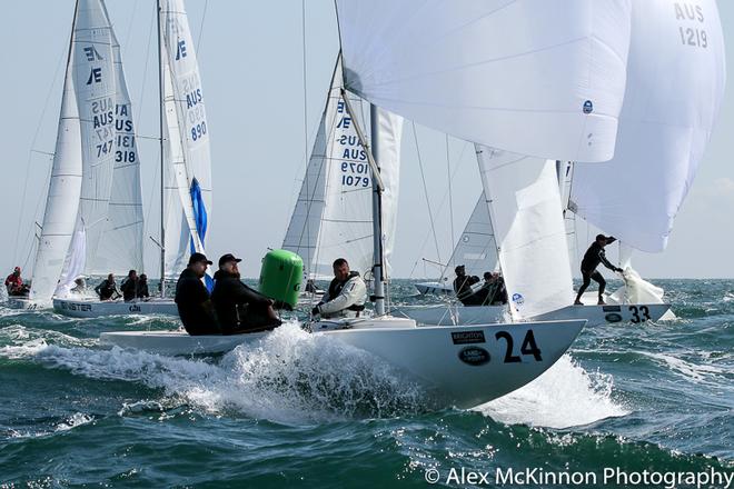 Voodoo Spirit from the Geelong Fleet (Guyon Wilson, Alister Lee, Blake Robertson) finally able to enjoy some surfing as the wind builds - Brighton Land Rover 2017 VIC Etchells Championship ©  Alex McKinnon Photography http://www.alexmckinnonphotography.com