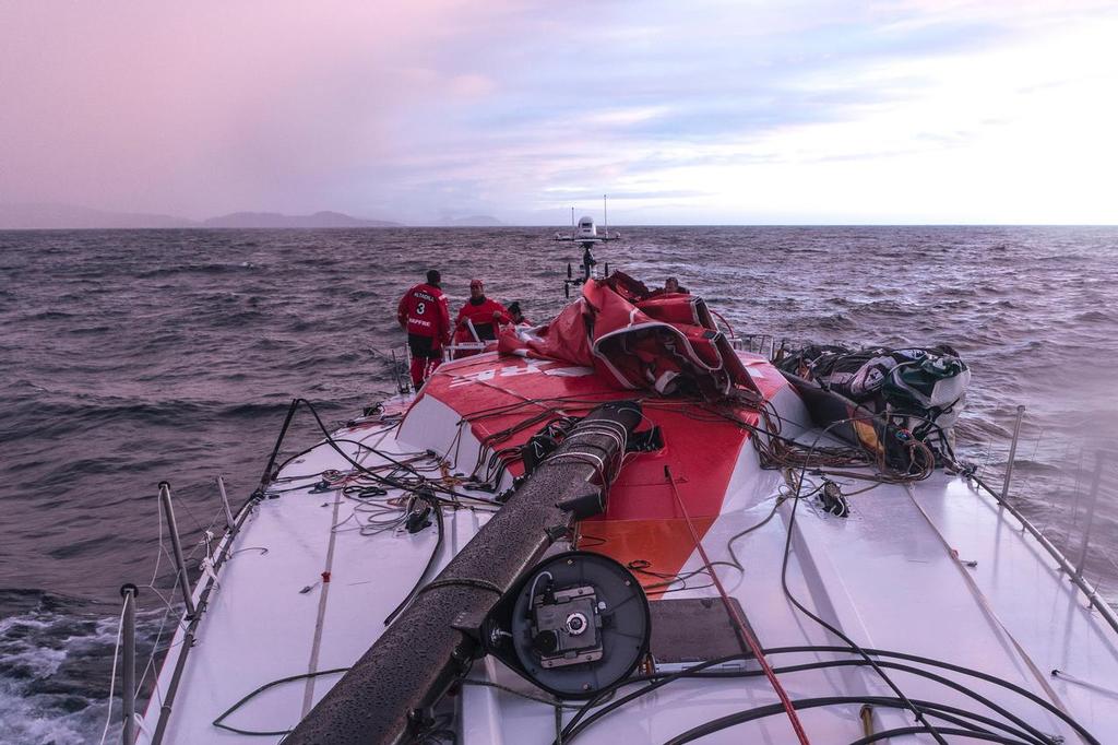 MAPFRE crew recover the rig after dismasting on March 30, 2017 off the Spanish coast © MAPFRE