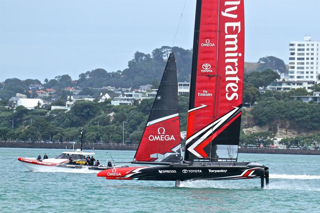Emirates Team New Zealand’s new AC50 sailing for the second time in Auckland.  February 15, 2017 - the day they damaged a daggerboard photo copyright Richard Gladwell www.photosport.co.nz taken at  and featuring the  class