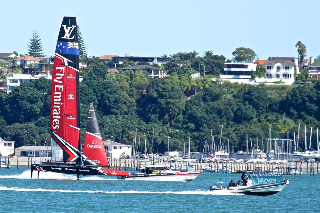 Spy boats are never far away - Emirates Team NZ - Waitemata Harbour - March 15, 2017 photo copyright Richard Gladwell www.photosport.co.nz taken at  and featuring the  class