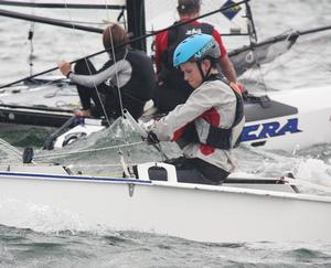 Young Archie Gargett from Kurnell focused on his race start time - Kurnell Catamaran Club Youth Regatta photo copyright Leanne Gould taken at  and featuring the  class