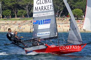 Compassmarkets.com led the fleet down the first spinnaker run - 18ft Skiffs: Queen of the Harbour & Alice Burton Memorial Trophy 2017 photo copyright 18footers.com taken at  and featuring the  class