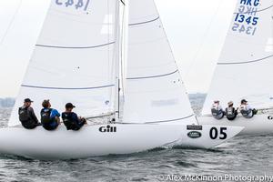 Tango (Chirs Hampton, Sam Haines and Mark Andrews) with Conspiracy from Hong Kong (James Polson, Akira Sakai, and Rory Godman) doing some tuning before the start of the first race - Brighton Land Rover 2017 Etchells VIC Championship photo copyright  Alex McKinnon Photography http://www.alexmckinnonphotography.com taken at  and featuring the  class