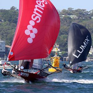 Smeg and Lumix chasing the leader on the run home - 18ft Skiffs: Queen of the Harbour & Alice Burton Memorial Trophy 2017 photo copyright 18footers.com taken at  and featuring the  class