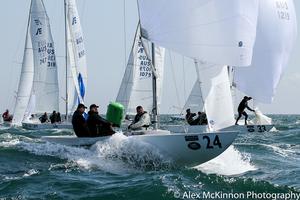 Voodoo Spirit from the Geelong Fleet (Guyon Wilson, Alister Lee, Blake Robertson) finally able to enjoy some surfing as the wind builds - Brighton Land Rover 2017 VIC Etchells Championship photo copyright  Alex McKinnon Photography http://www.alexmckinnonphotography.com taken at  and featuring the  class