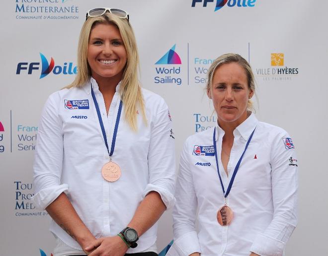 49erFX medallists Saskia Tidey and Charlotte Dobson - Sailing World Cup Hyères © Richard Langdon/British Sailing Team