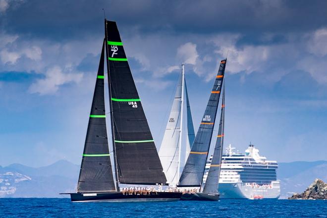 Bella Mente and Proteus go head to head on the racecourse at the 2017 Les Voiles de St. Barth - European Racing Circuit © Christophe Jouany