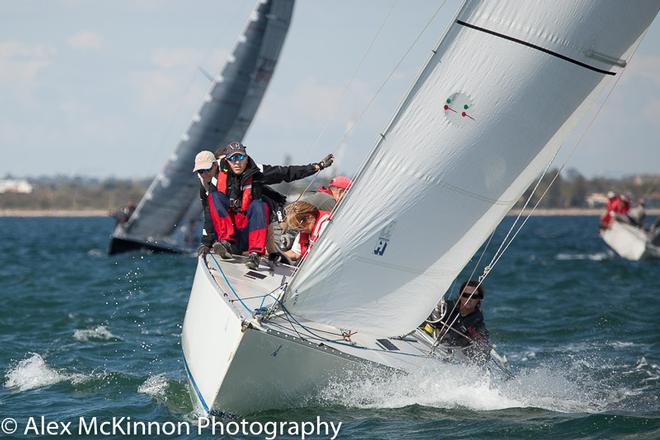 Monica Jones from RMYS skippering Salamander III. Leading a group of Adams 10s to round the top mark for the first time. - Club Marine Series ©  Alex McKinnon Photography http://www.alexmckinnonphotography.com