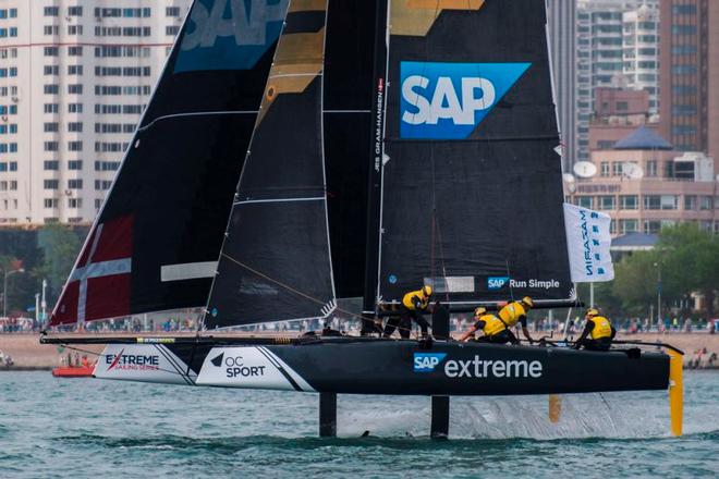 Act 2, Day 4 – The winner of Act 1, Muscat, SAP Extreme Sailing Team, was pipped to the post in the final race by Oman Air, meaning it finished the Act in fourth – Extreme Sailing Series ©  Xaume Olleros / OC Sport
