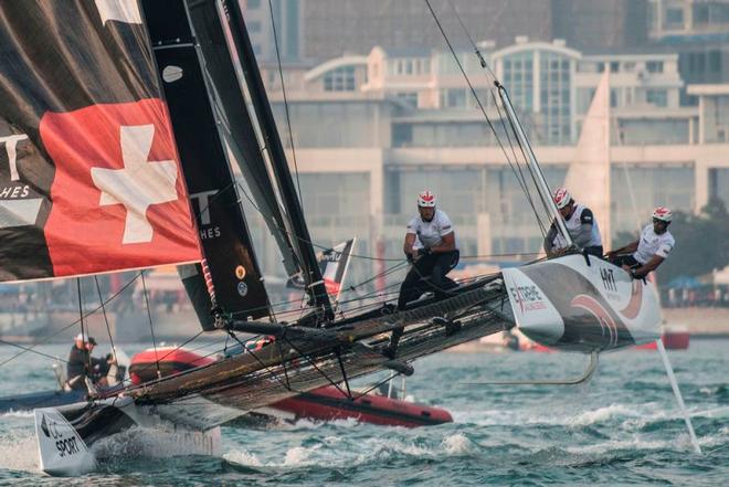 Act 2, Extreme Sailing Series Qingdao – Day 3 – Swiss team Alinghi sit at the top of the Act leaderboard at the end of the penultimate day in Qingdao, China. ©  Xaume Olleros / OC Sport