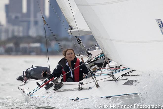 Sue Richardson from Safety Beach Sailing Club doing a great job trimming the headsail. - Port Phillip Women’s Championship Series ©  Alex McKinnon Photography http://www.alexmckinnonphotography.com