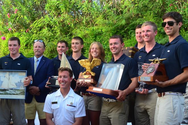 'Swift' the US Naval Academy 44 (NA11) took home a treasure trove of prizes from the 2015 Marion Bermuda Race. They were 1st in Class B, won the Offshore Youth Challenge Trophy, the Bartram Trophy (for Academy, Maritime College boat), Naval Academy Trophy (for top Chesapeake Bay boat). The Kingman Yacht Center Marion Bermuda Team Trophy (for a team of Three Yachts). The other two Navy 44's 'Defiance' and 'Integrity' were 2nd and 3rd in Class B and shared the team trophy. © Talbot Wilson