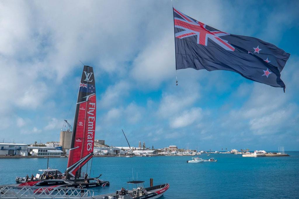 Emirates Team NZ’s AC50 in the water - preparation for the first sail in Bermuda © Hamish Hooper/Emirates Team NZ http://www.etnzblog.com