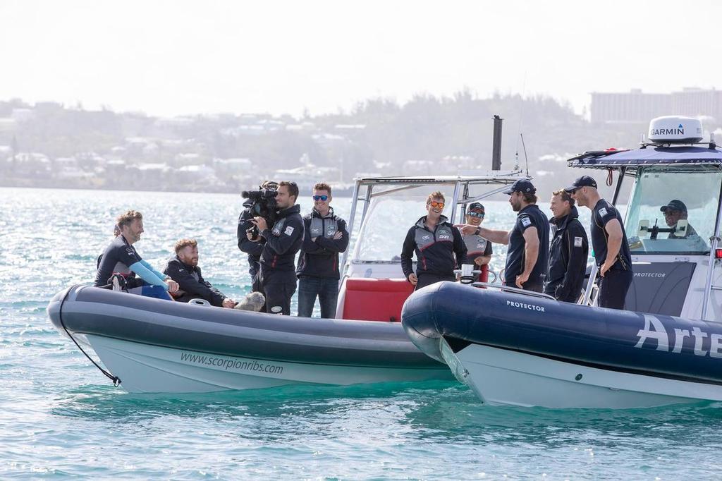 Artemis Racing have a chat with the Land Rover BAR spy team out on the Great Sound © SW