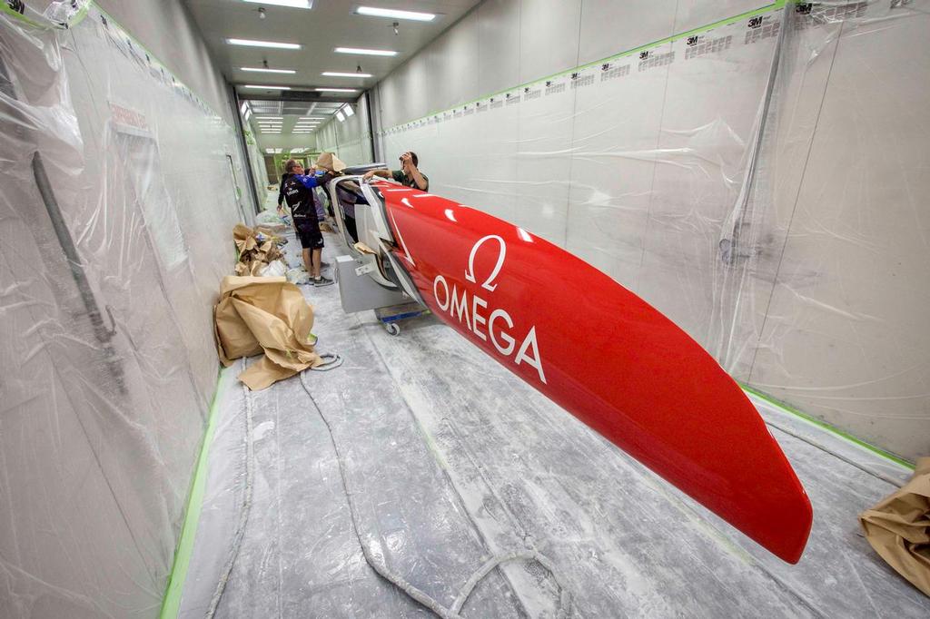 Emirates Team New Zealand's America's Cup class boat, in the paint booth at Southern Spars facility © Hamish Hooper/Emirates Team NZ http://www.etnzblog.com
