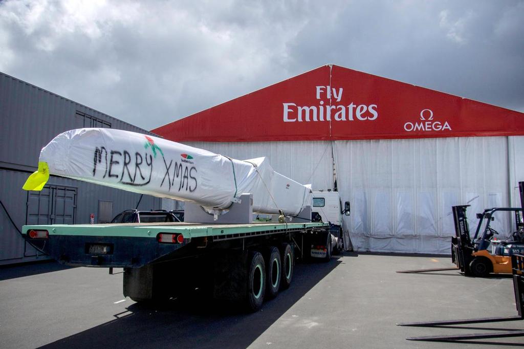 Emirates Team New Zealand’s America’s Cup class boat, boat 2, is delivered from Southern Spars to Emirates Team New Zealand’s base © Hamish Hooper/Emirates Team NZ http://www.etnzblog.com