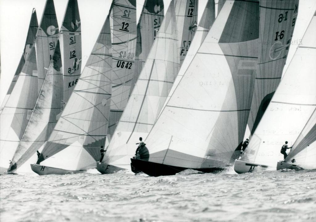 At the starting line in the 1986 12 Metre Worlds off Freemantle. Visible from left to right: North Sails, Hood Sails, North Sails, unknown, Sobstad Sails, North Sails, North Sails. © North Sails http://www.northsails.com/