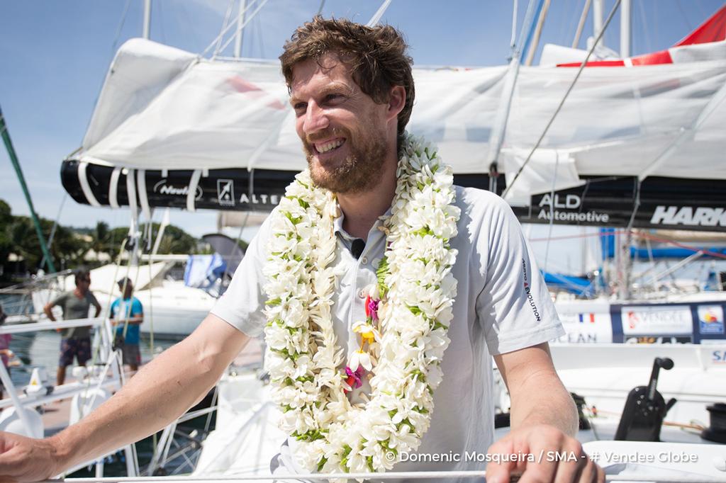 Paul Meilhat (FRA), skipper SMA, arriving in Tahiti, French territories, to repair his boat, after his keel had a problem and obliged him to retire from the Vendee Globe, solo circumnavigation sailing race, on December 29th, 2016 photo copyright Domenic Mosqueira taken at  and featuring the  class