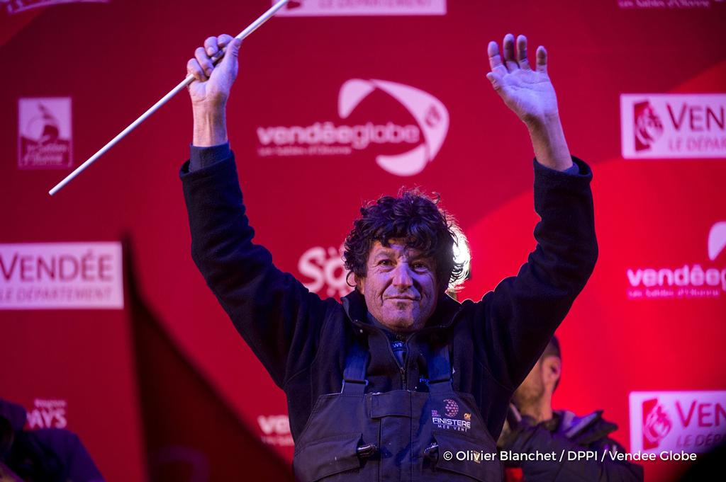 Podium at Finish arrival of Jean Le Cam (FRA), skipper Finistere Mer Vent, 6th of the sailing circumnavigation solo race Vendee Globe, in Les Sables d'Olonne, France, on January 25th, 2017 photo copyright  Olivier Blanchet / DPPI / Vendee Globe http://www.vendeeglobe.org/ taken at  and featuring the  class