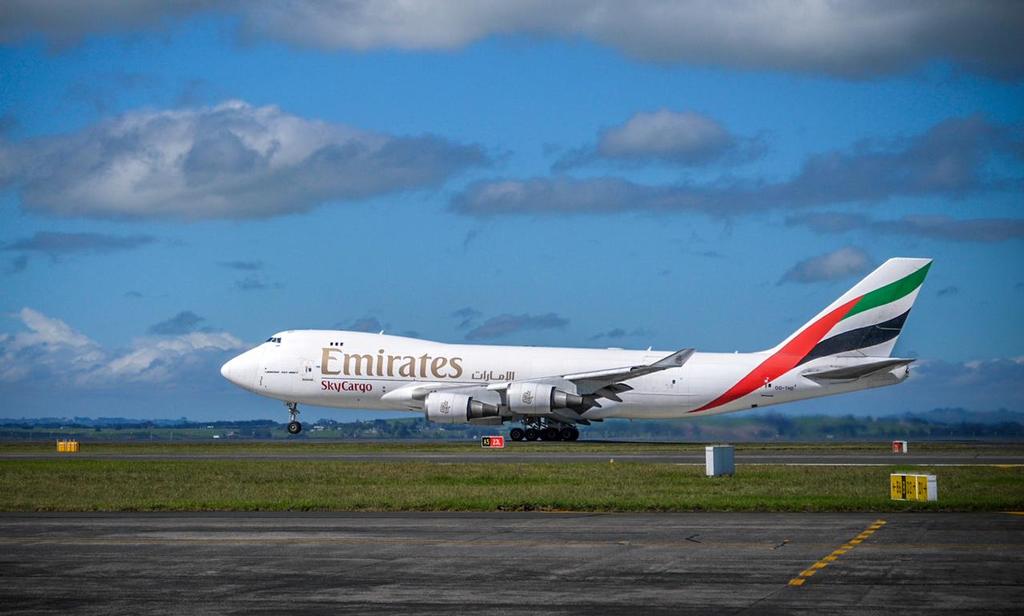 Emirates Sky Cargo 747 lifts off from Auckland International Airport to fly to Bermuda for the 35th America's Cup © Hamish Hooper/Emirates Team NZ http://www.etnzblog.com
