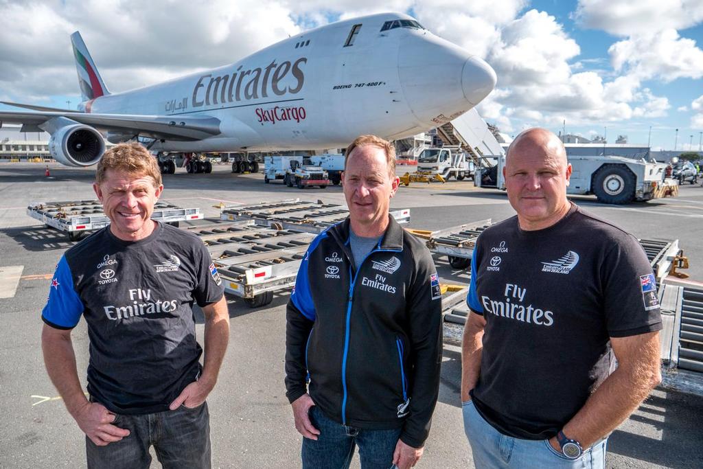 Emirates Team New Zealand crew Sean Regan, Martin McElwee and Chris Salthouse with the Emirates Sky Cargo 747 at Auckland International Airport to fly to Bermuda for the 35th America's Cup © Hamish Hooper/Emirates Team NZ http://www.etnzblog.com