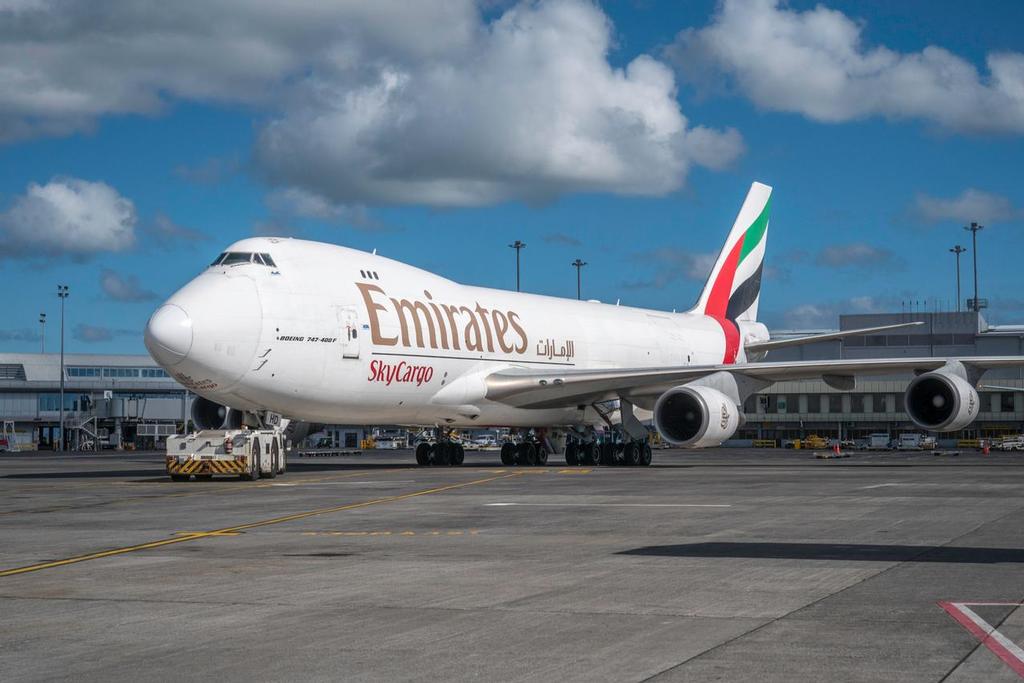 Emirates Sky Cargo 747 at Auckland International Airport to fly to Bermuda for the 35th America's Cup © Hamish Hooper/Emirates Team NZ http://www.etnzblog.com