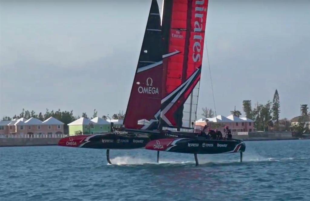 Emirates Team New Zealand pulls off a foiling tack just 10 minutes into their first sail in Bermuda - April 23, 2017 photo copyright Emirates Team New Zealand http://www.etnzblog.com taken at  and featuring the  class