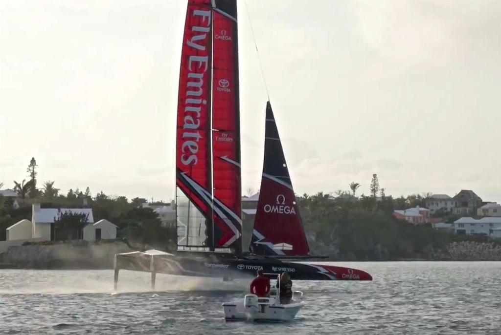 Emirates Team New Zealand rounds out their first sail in Bermuda, in the dusk - April 23, 2017 photo copyright Emirates Team New Zealand http://www.etnzblog.com taken at  and featuring the  class