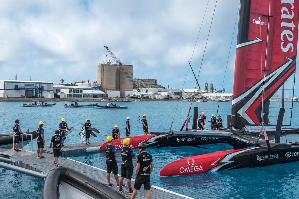 Emirates Team New Zealand prepare for their first day sailing in Bermuda © Hamish Hooper/Emirates Team NZ http://www.etnzblog.com