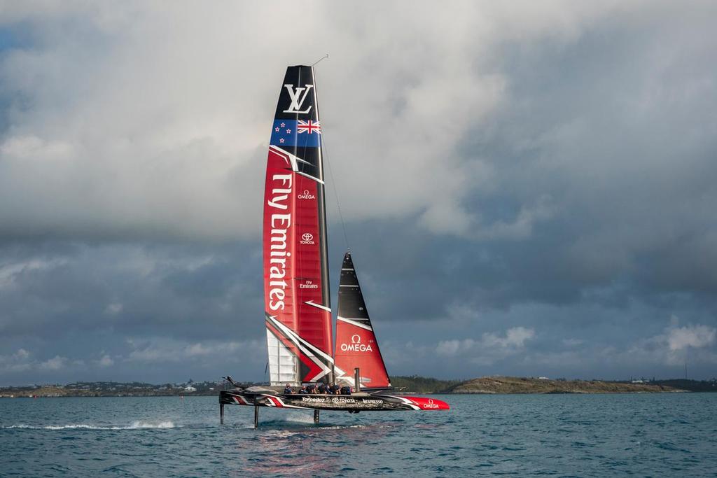 Emirates Team New Zealand prepare for their first day sailing in Bermuda photo copyright Hamish Hooper/Emirates Team NZ http://www.etnzblog.com taken at  and featuring the  class