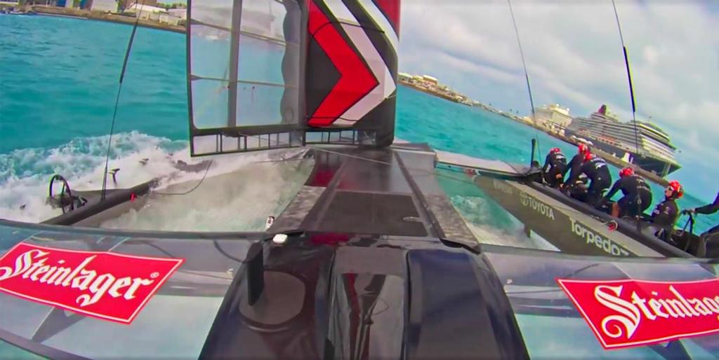 Emirates Team New Zealand emerges from a nosedive leaving harbour in Bermuda - April 26, 2017 © Emirates Team New Zealand http://www.etnzblog.com