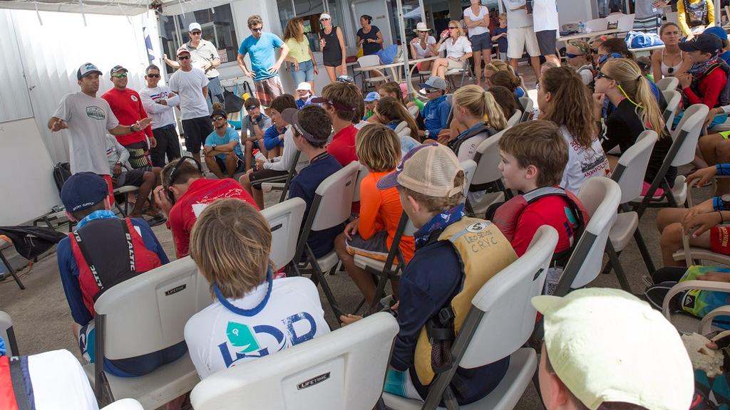 Junior sailors listen to coached during an instructive clinic at the St. Thomas Yacht Club as part of the TOTE Maritime Clinic. © Matias Capizzano