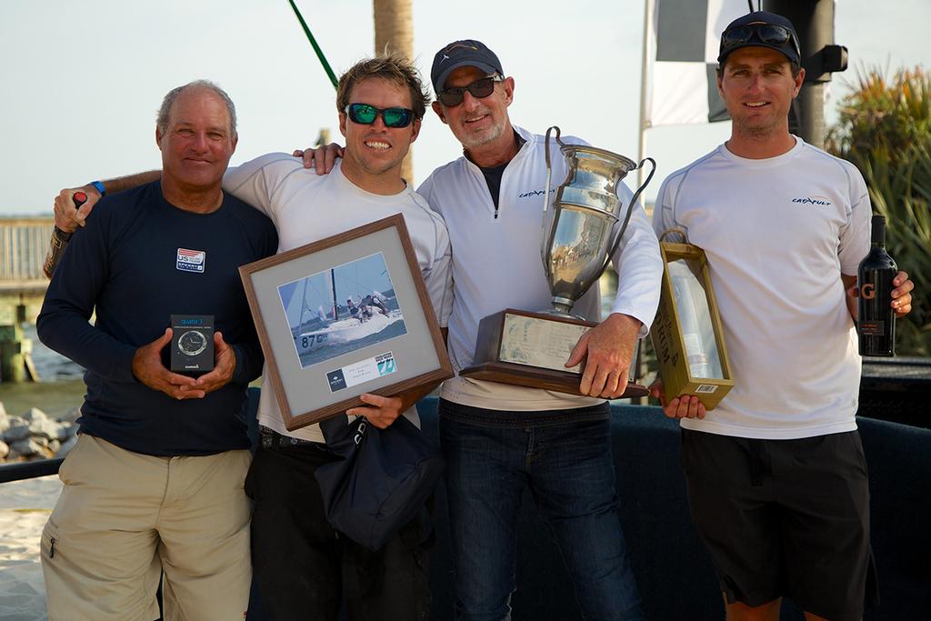 Fresh from their J/70 World Championship performance a few months ago in San Francisco, Joel Ronning’s (second from right) Catapult team edged out a close victory in the big J/70 Class. Ronning’s crew included Charleston native and pro racer Patrick Wilson (second from left) in his first time winning Race Week © Meredith Block/ Charleston Race Week http://www.charlestonraceweek.com/