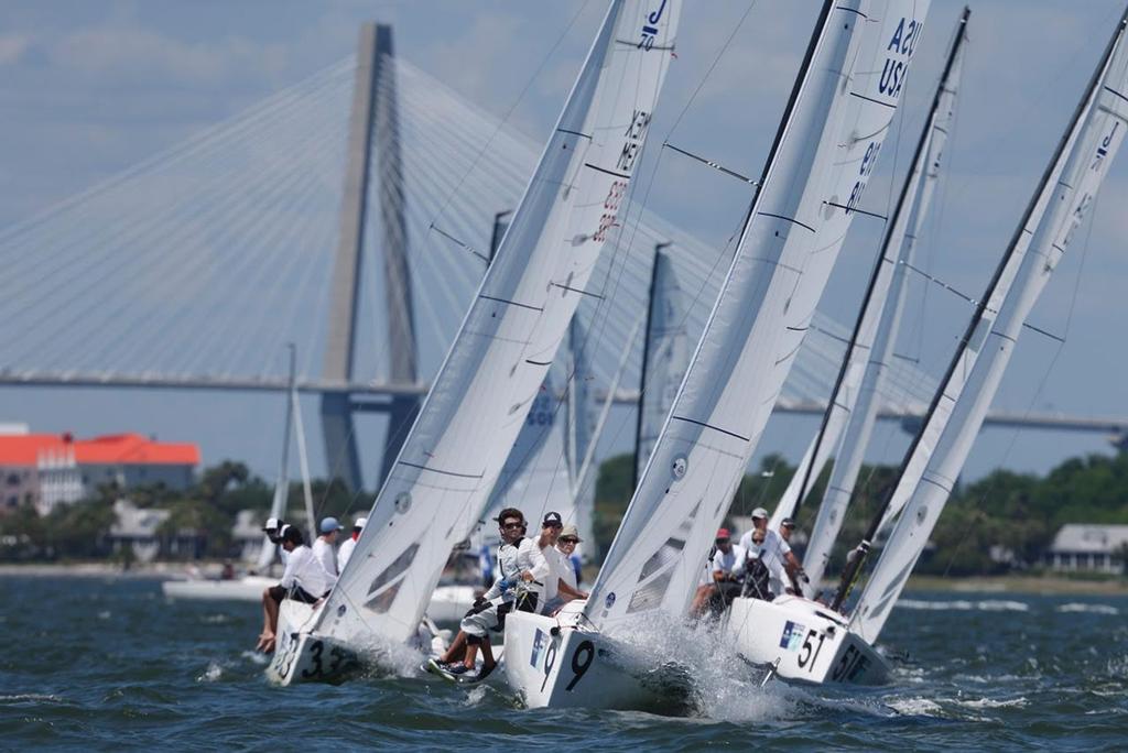 Oivind Lorentzen’s J/70 Nine leads his fleet as they beat to windward just south of the Ravenel Bridge.  Nine sits in third place after the first day of racing at Sperry Charleston Race Week 2017. © Tim Wilkes / Charleston Race Week