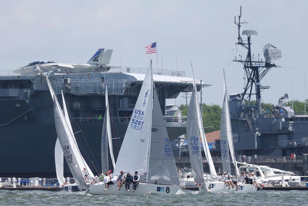 A gaggle of J/24s battles for top honors on the all-new Course 4 near Patriot’s Point during Day 2 of Sperry Charleston Race Week 2017. photo copyright Tim Wilkes / Charleston Race Week taken at  and featuring the  class