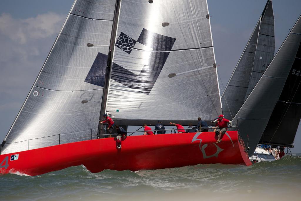 Gladiator, the fastest boat at Sperry Charleston Race Week, goes for an ill-timed port tack cross during Day 2 of Sperry Charleston Race Week 2017. The British boat leads by 1 point in ORC A Class. photo copyright Meredith Block/ Charleston Race Week http://www.charlestonraceweek.com/ taken at  and featuring the  class