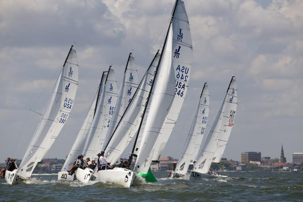 In the ultra-competitive J/70 Class, racing is always close as a group of speedsters round the mark during Day 2 of Sperry Charleston Race Week 2017. © Meredith Block/ Charleston Race Week http://www.charlestonraceweek.com/