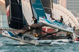 Act 2, Extreme Sailing Series Qingdao – Day 3 – Phil Robertson's Oman Air took the final race of the penultimate day in Qingdao, China. photo copyright  Xaume Olleros / OC Sport taken at  and featuring the  class