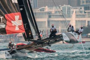 Act 2, Extreme Sailing Series Qingdao – Day 3 – Swiss team Alinghi sit at the top of the Act leaderboard at the end of the penultimate day in Qingdao, China. photo copyright  Xaume Olleros / OC Sport taken at  and featuring the  class