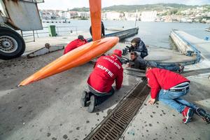 MAPFRE is checked after her dismasting during pre-race training session for the Volvo Ocean Race 2017-18 photo copyright Volvo Ocean Race http://www.volvooceanrace.com taken at  and featuring the  class