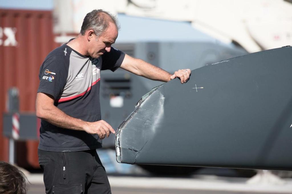 Damage to Land Rover BAR after the collision with Emirates Team NZ  © SW