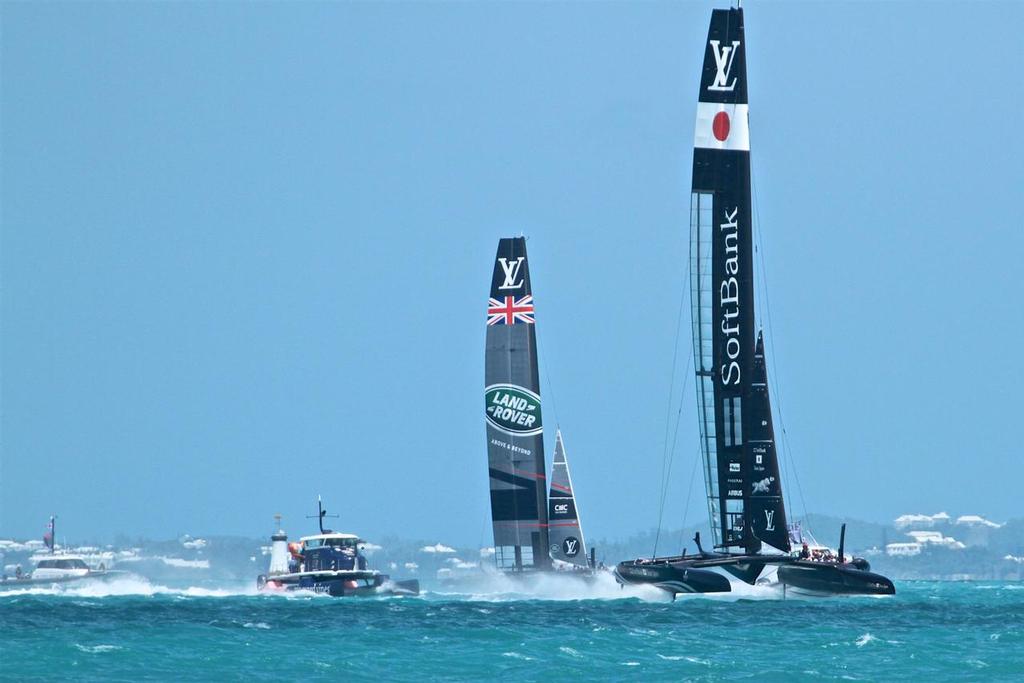 Softbank Team Japan followed by Land Rover BAR (GBR) Practice Day, America's Cup 2017, May 25, 2017 Great Sound Bermuda photo copyright Richard Gladwell www.photosport.co.nz taken at  and featuring the  class
