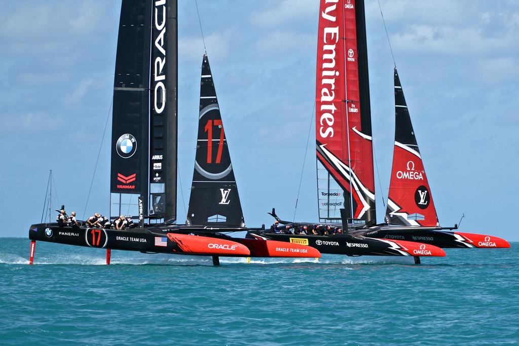 Oracle Team USA and Emirates Team NZ at the start of Race 5 - Day 1 - America's Cup 2017, May 27, 2017 Great Sound Bermuda © Richard Gladwell www.photosport.co.nz