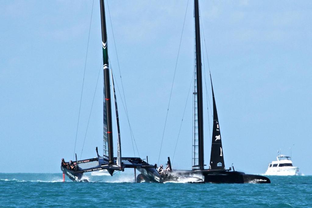 Land Rover BAR rides over Softbank Team Japan - start Race 6 - day 1 - America's Cup 2017, May 27, 2017 Great Sound Bermuda photo copyright Richard Gladwell www.photosport.co.nz taken at  and featuring the  class