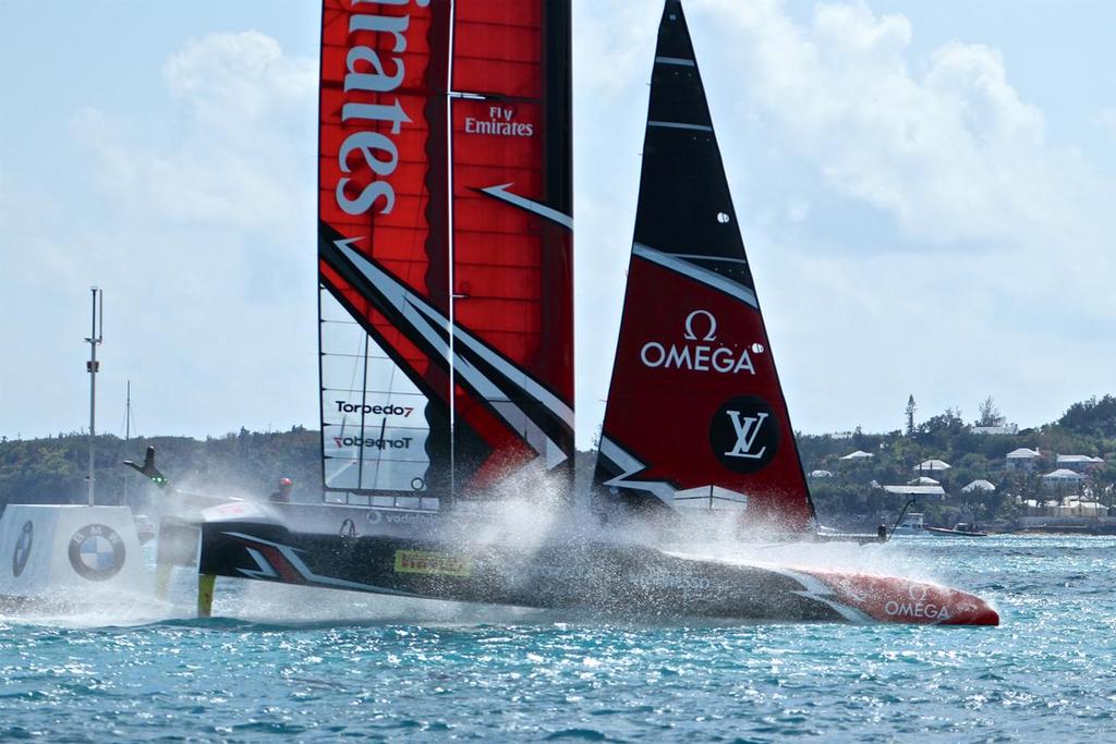 Race 11 - Emirates Team NZ flies around the  leeward mark ahead of Land Rover BAR   - 35th America's Cup - Bermuda  May 28, 2017 photo copyright Richard Gladwell www.photosport.co.nz taken at  and featuring the  class