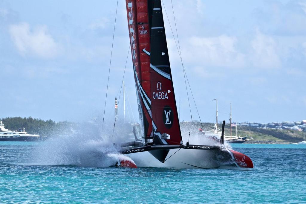 Emirates Team NZ's victory dip on the finish line of Race 11  - 35th America's Cup - Bermuda  May 28, 2017 © Richard Gladwell www.photosport.co.nz